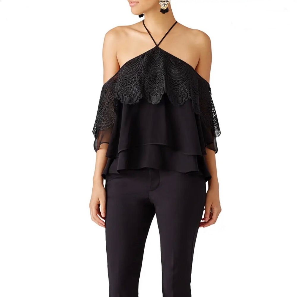 NWOT Cinq a Sept Fleur Tiered Lace Cold-Shoulder Top, Black.